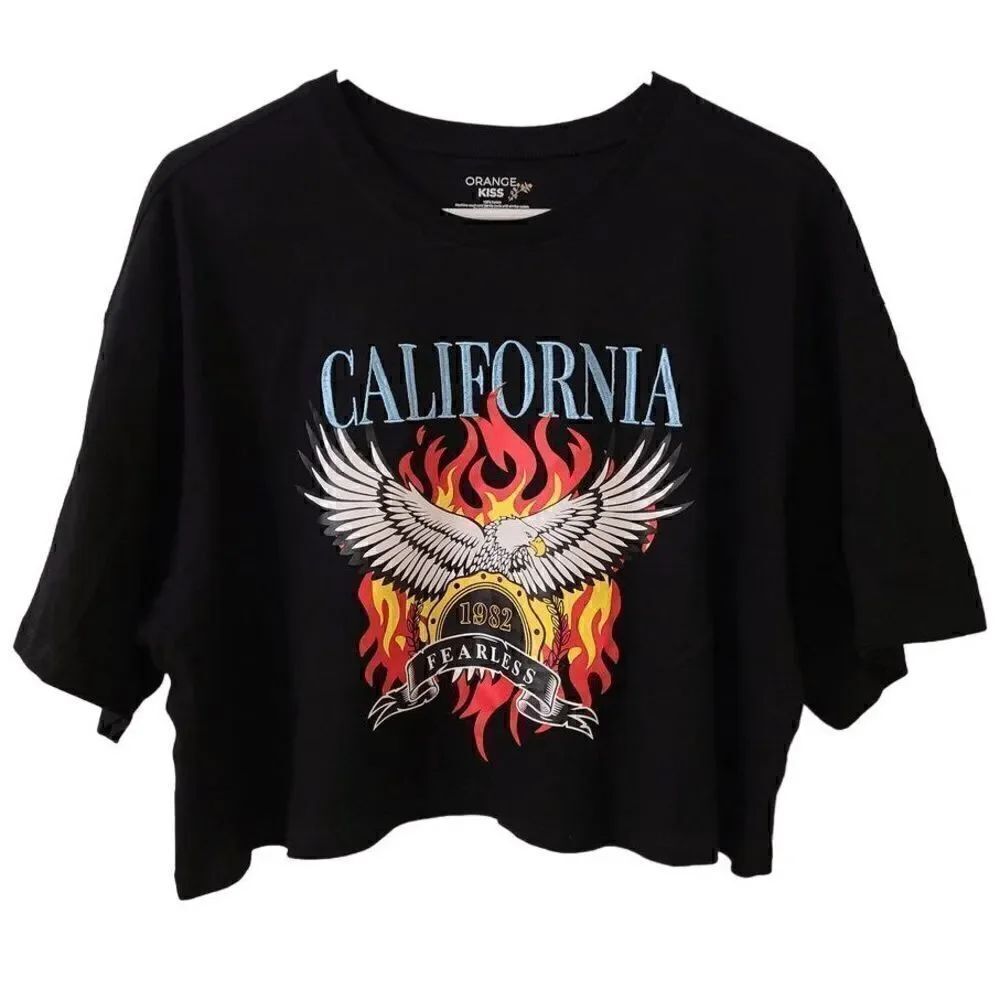 🦅 California Embroidered Eagle Design Black Crop T-shirt Tee Top SIZE L NWT